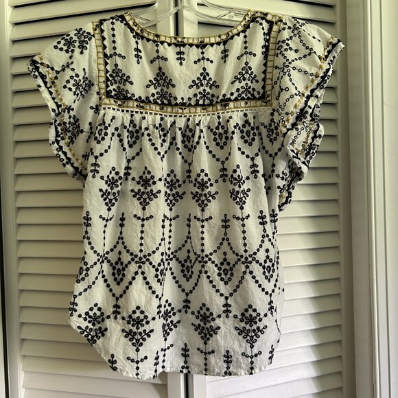 J Crew Embroidered Eyelet Flutter Top Blouse Shirt White Black Gold Small - Picture 5 of 9